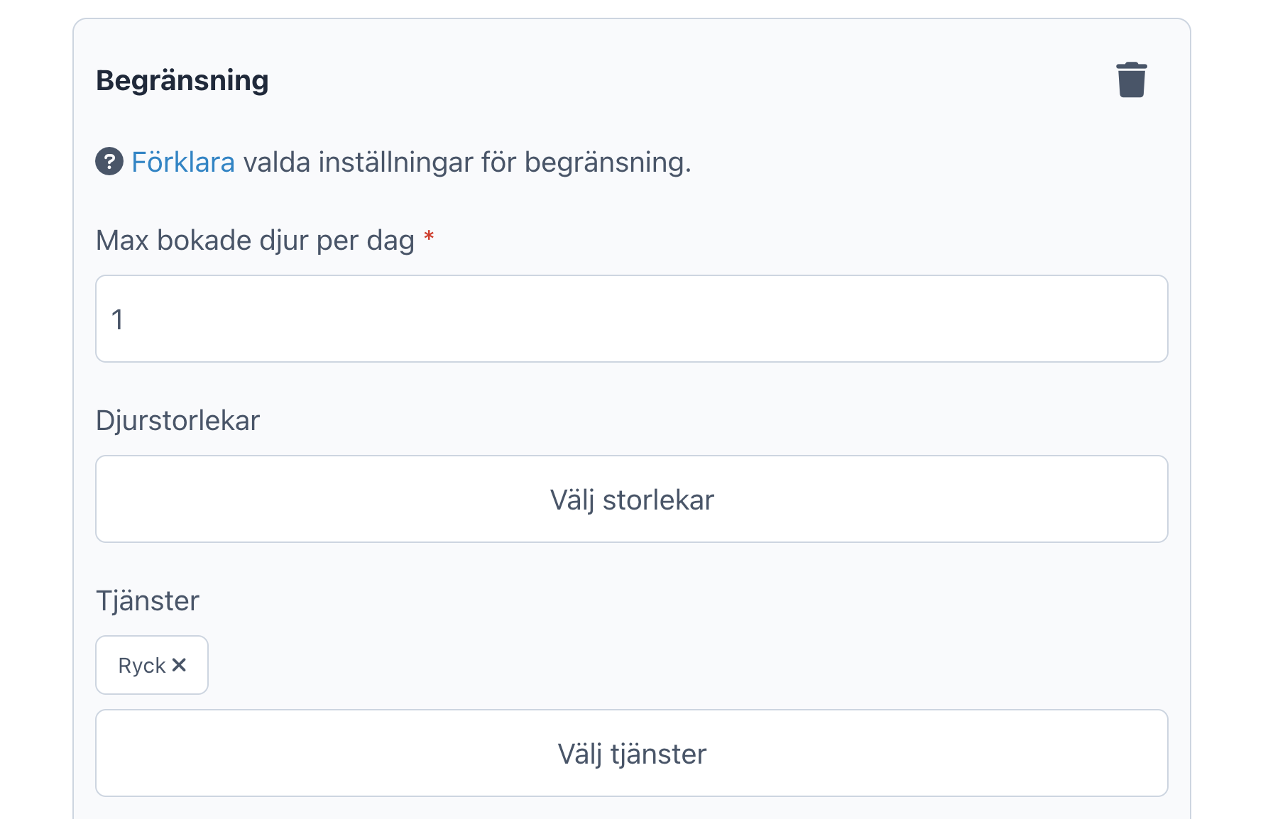 Gränssnitt för som visar en begränsing att kunder bara får boka max. 1 ryck per dag.