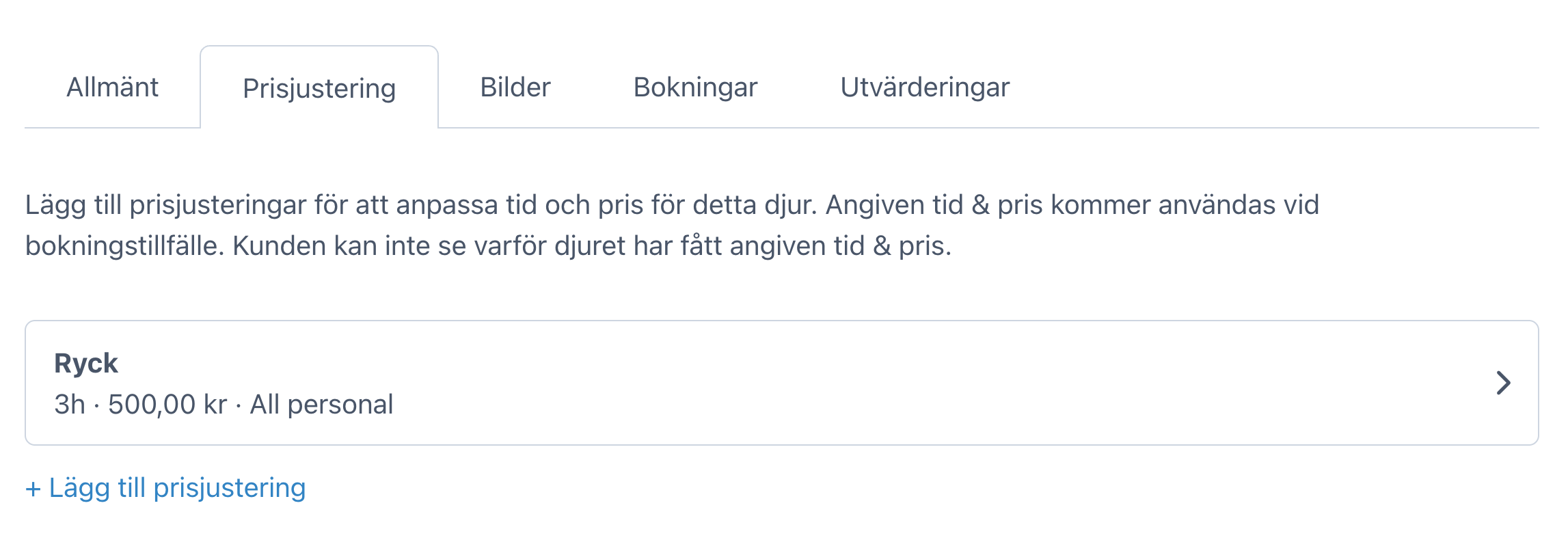 Gränssnitt för att lägga till tid & prisjusteringar